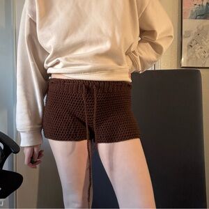 Cozy Crochet Knit Drawstring Shorts - Brown